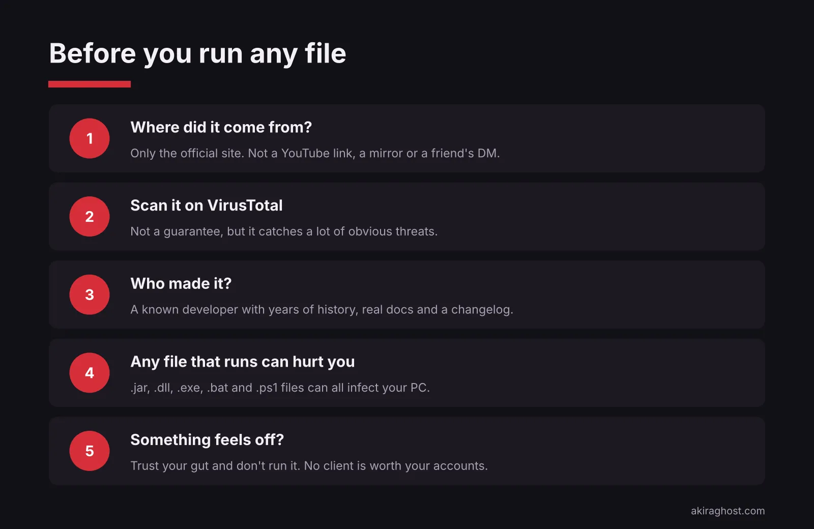 Before you run any file: where did it come from, scan it on VirusTotal, who made it, any file that runs can hurt you, and if something feels off, don’t run it.