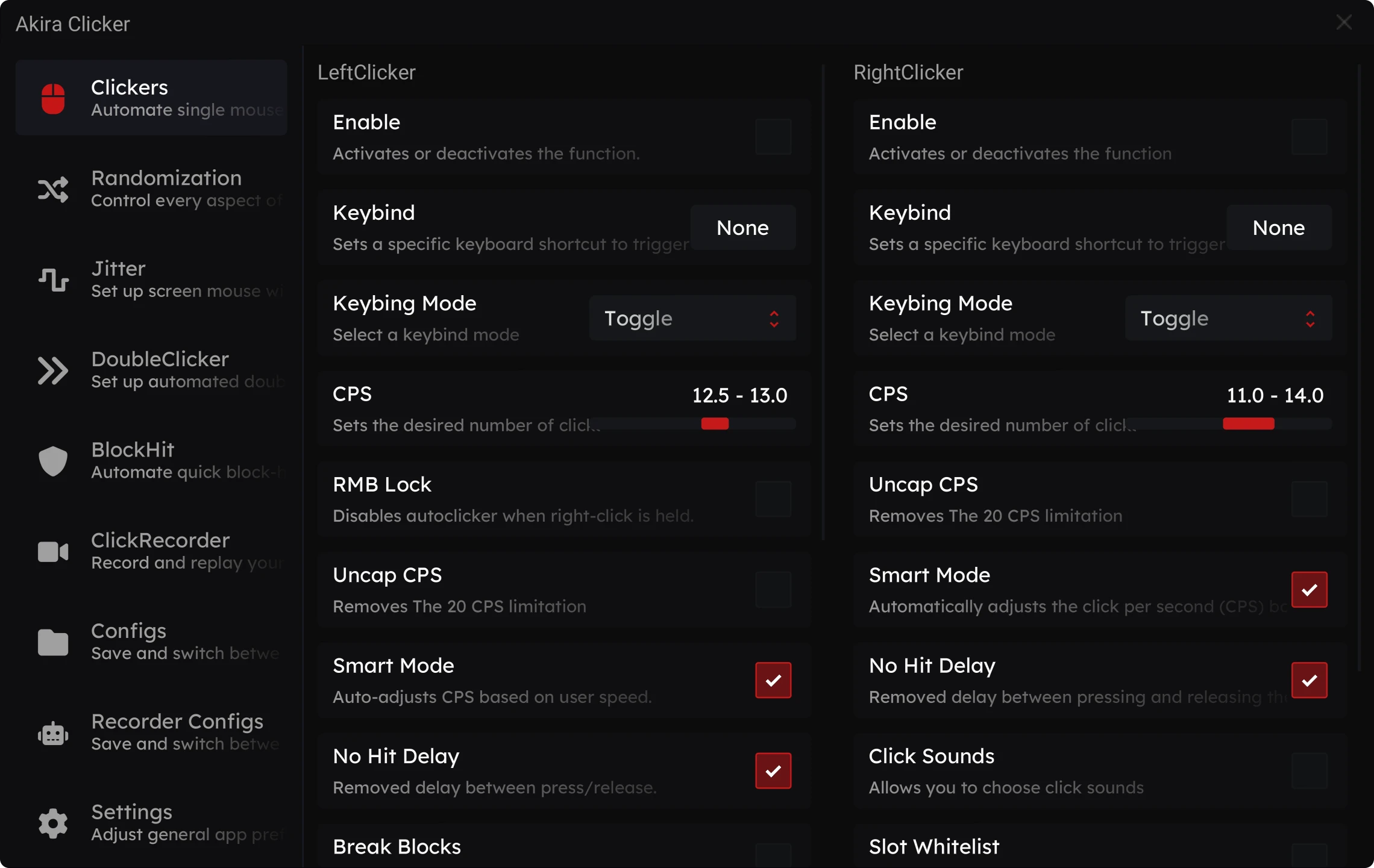 The Akira Clicker menu
