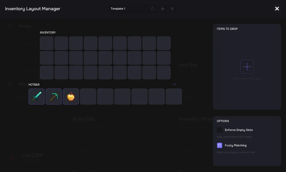 Inventory Layout Manager with a hotbar template and an items-to-drop list